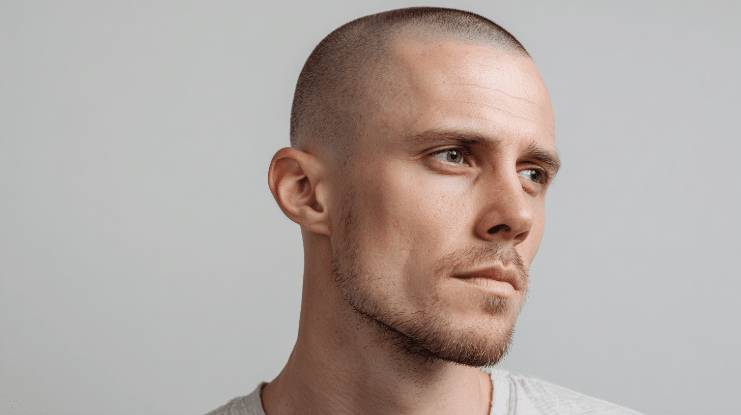 Man with clean buzz cut hairstyle featuring ultra-short hair and low-maintenance masculine style