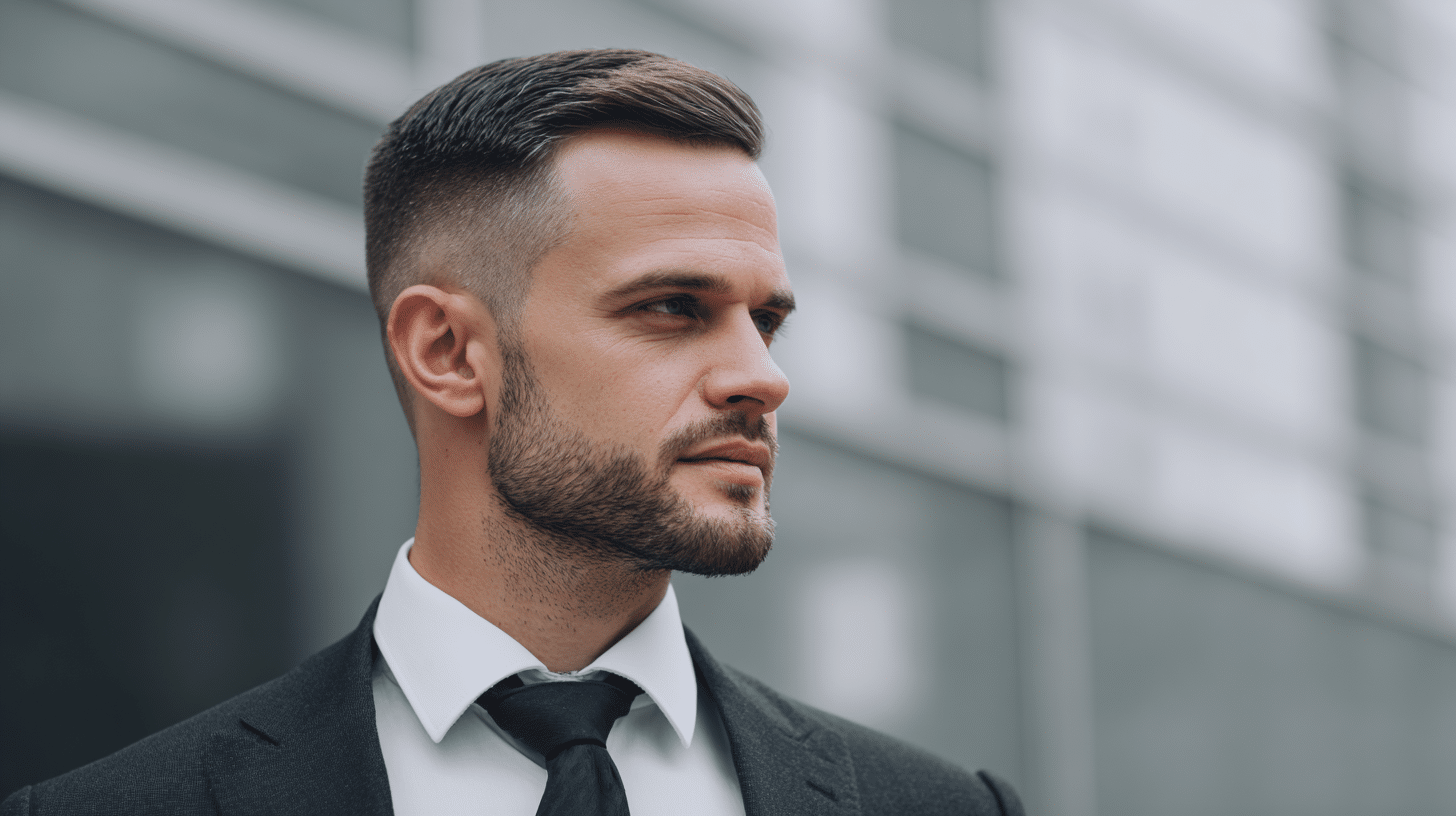 Man wearing classic crew cut hairstyle with short sides and neat professional top