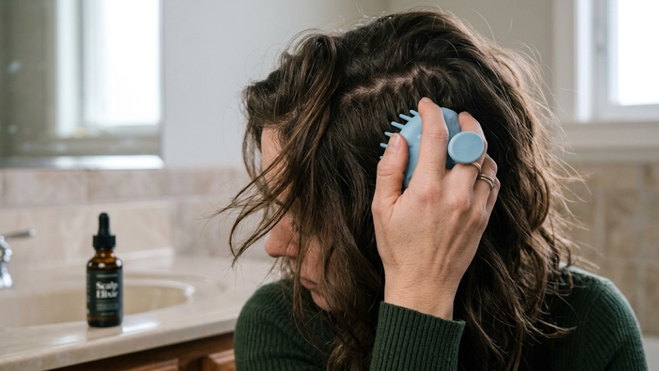 Close-up of a woman using a blue silicone scalp massager at a vanity, with a hair serum bottle in the background.