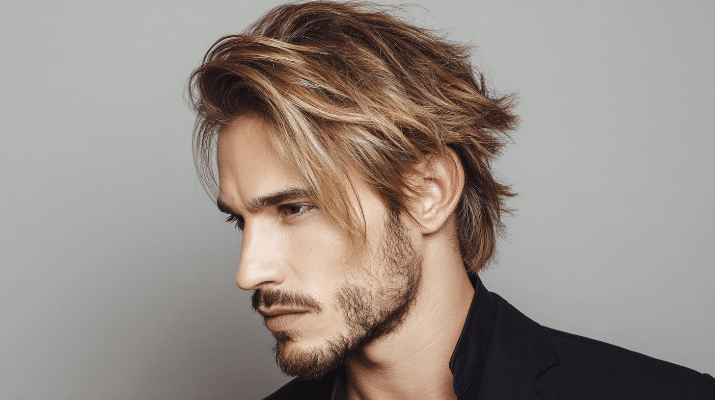 Man with layered medium crop hairstyle and textured straight hair