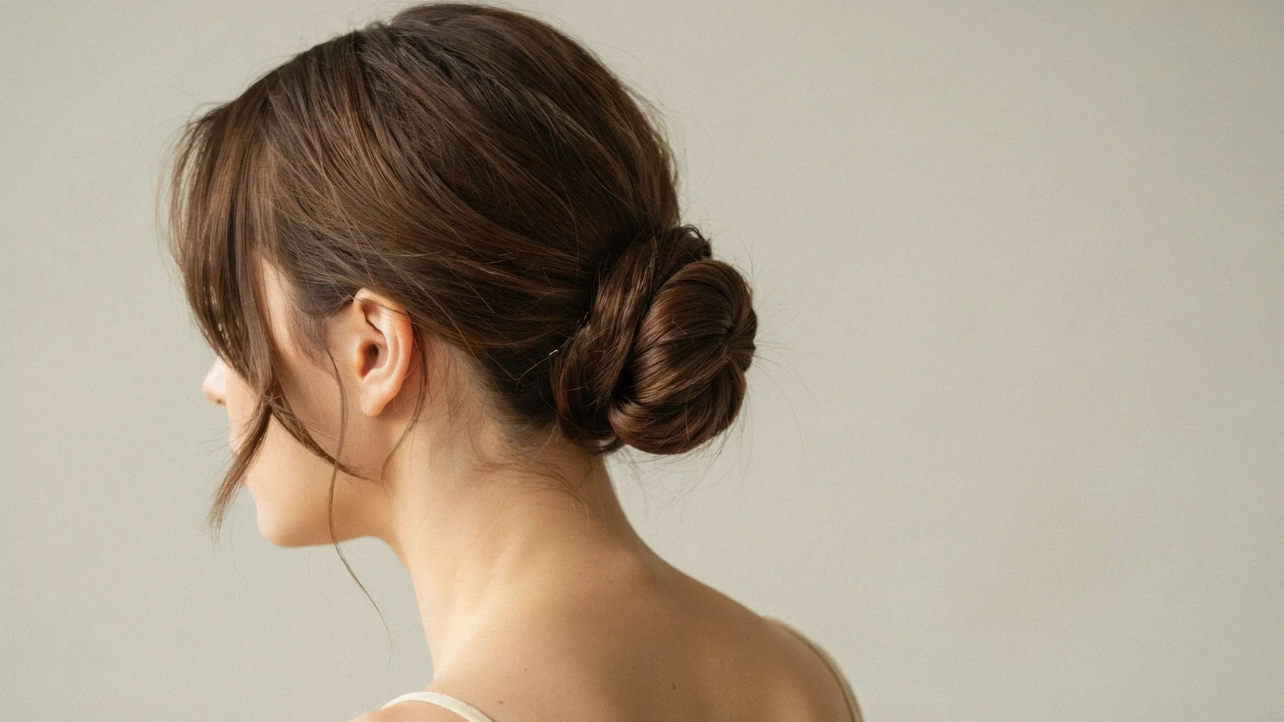 Medium-length hair styled into a classic low bun updo with soft front layers