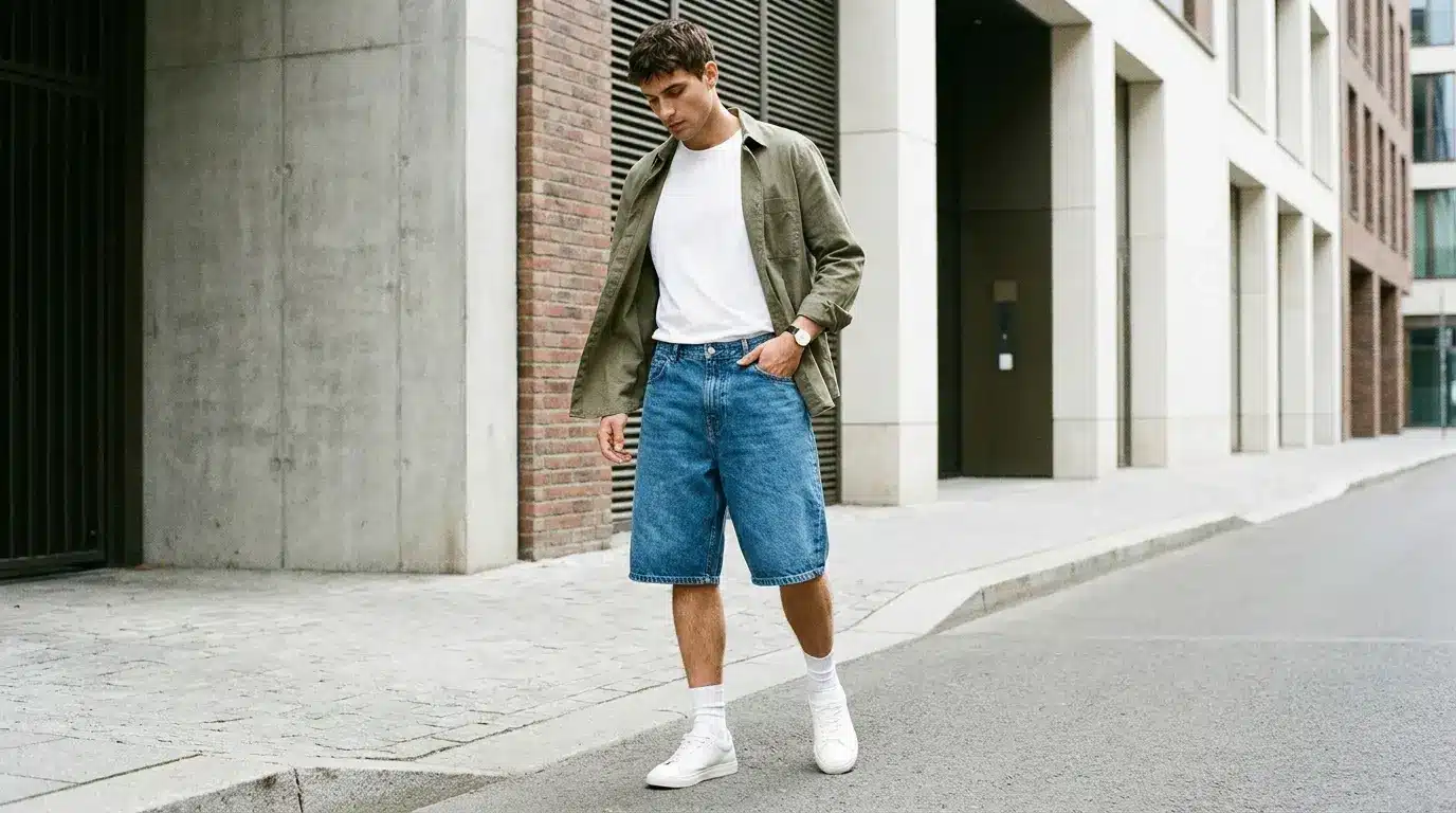 Men's oversized jorts styled with a T-shirt, overshirt, and sneakers