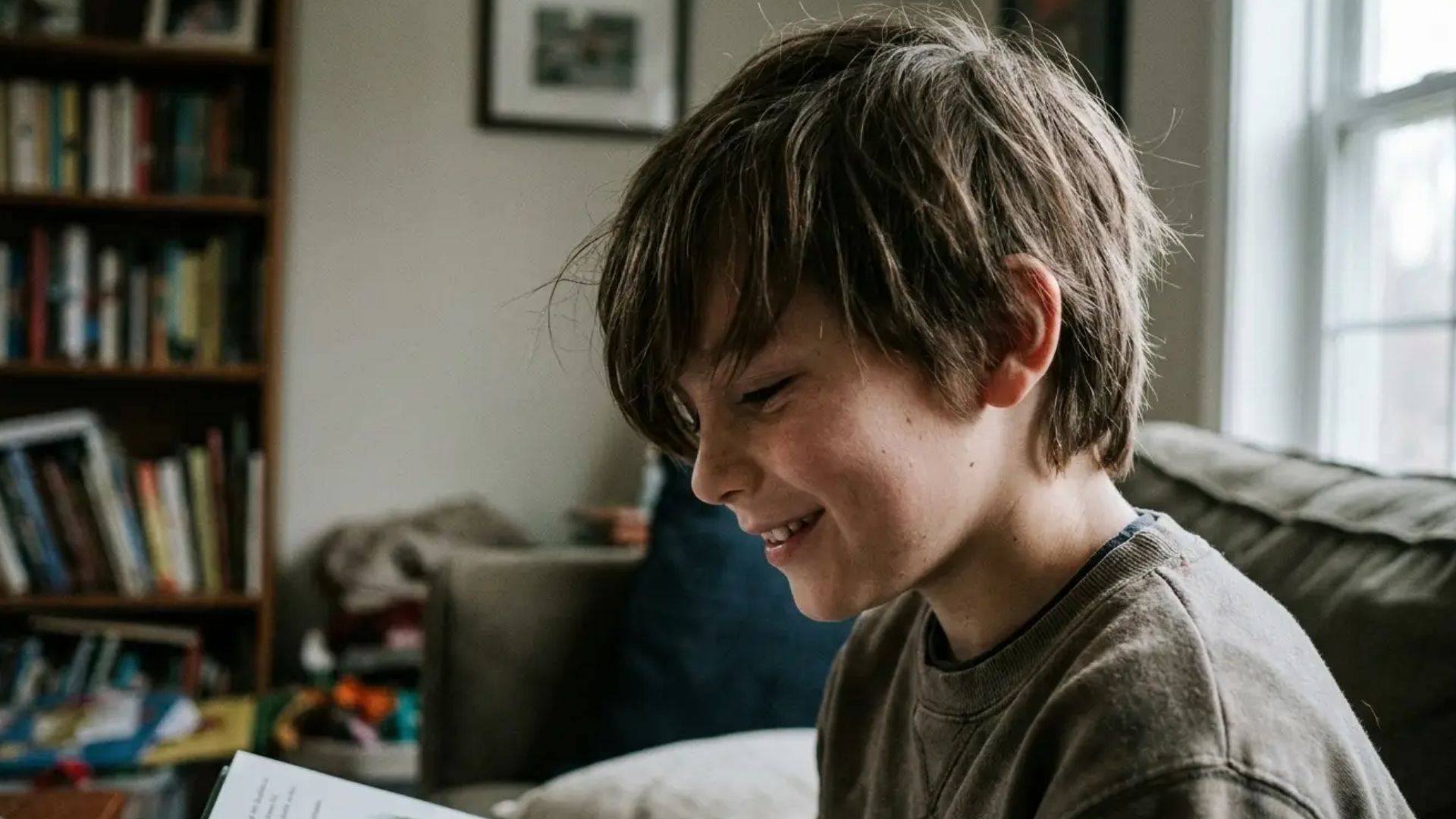 Fringe haircut and layered medium-length hair, smiling indoors in a cozy living room setting.