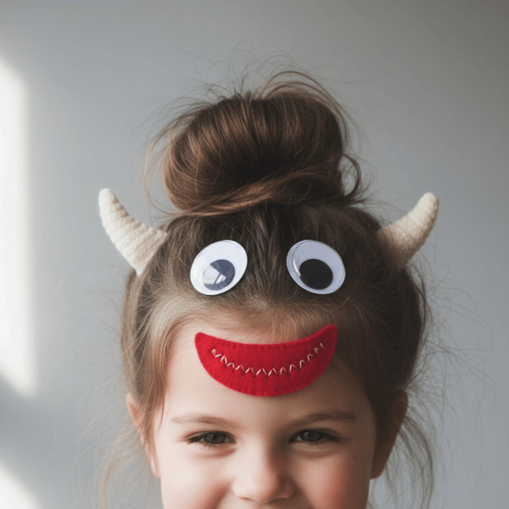 Child wearing a messy monster bun hairstyle with googly eyes, horns, and a playful felt mouth.