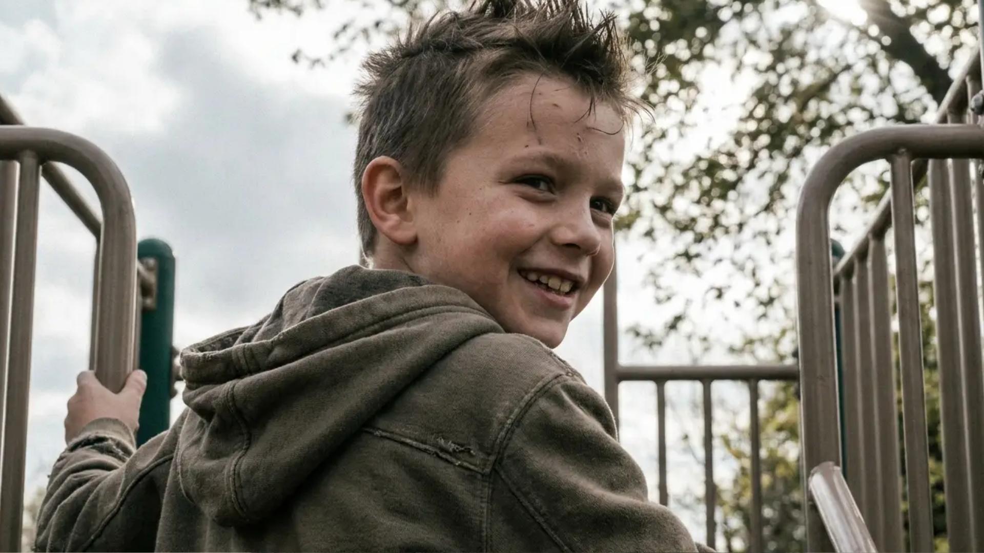 Messy spiky haircut featuring short textured spikes and a playful look, smiling outdoors in a playground setting.