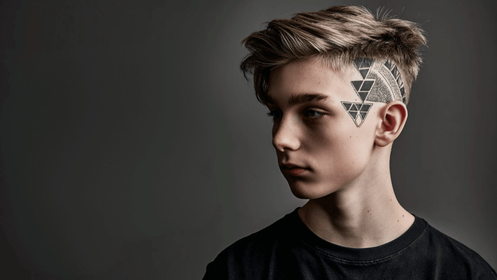 Mid fade haircut with creative hair design details