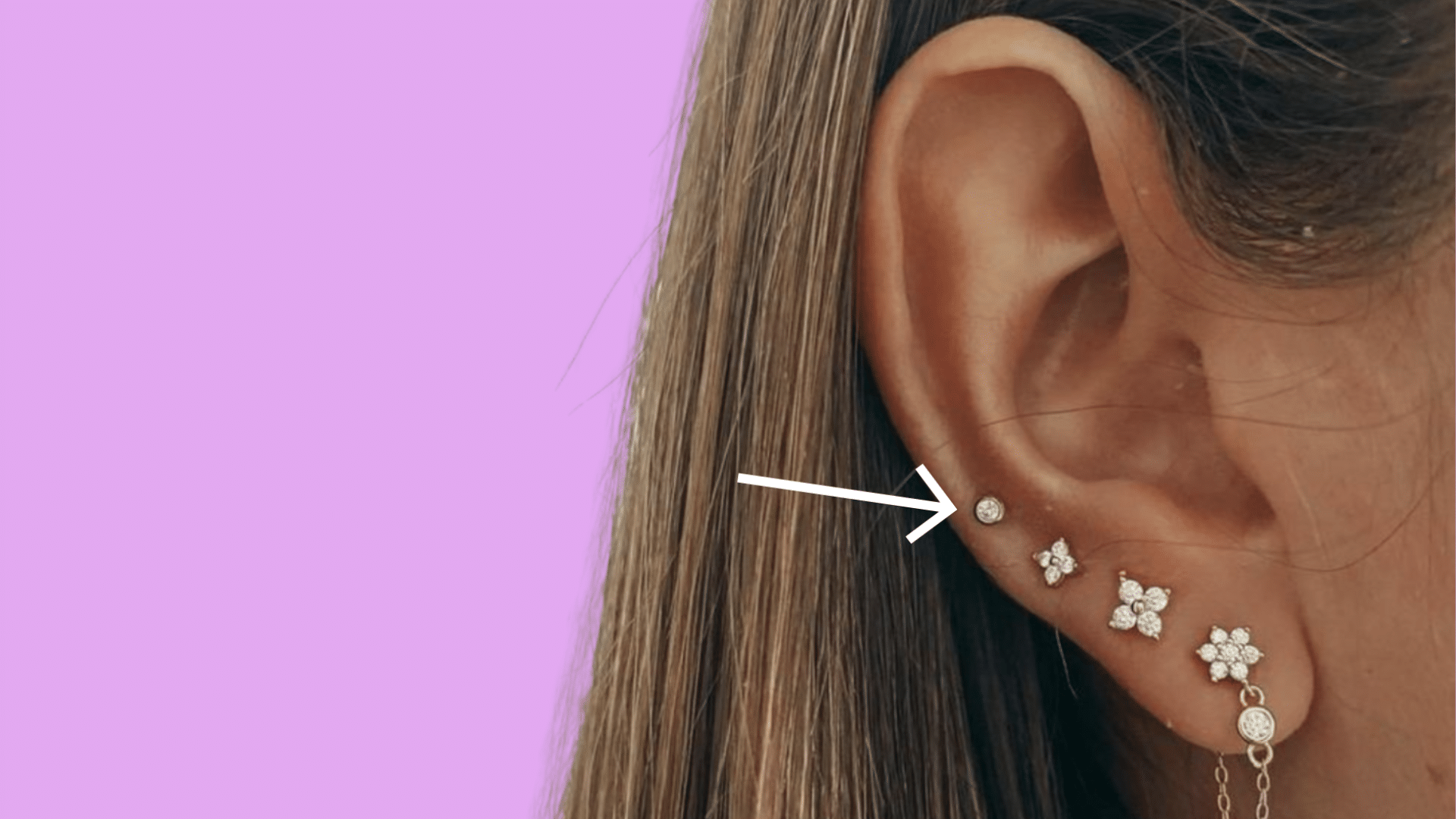 Mid-helix piercing placement halfway between upper helix and earlobe