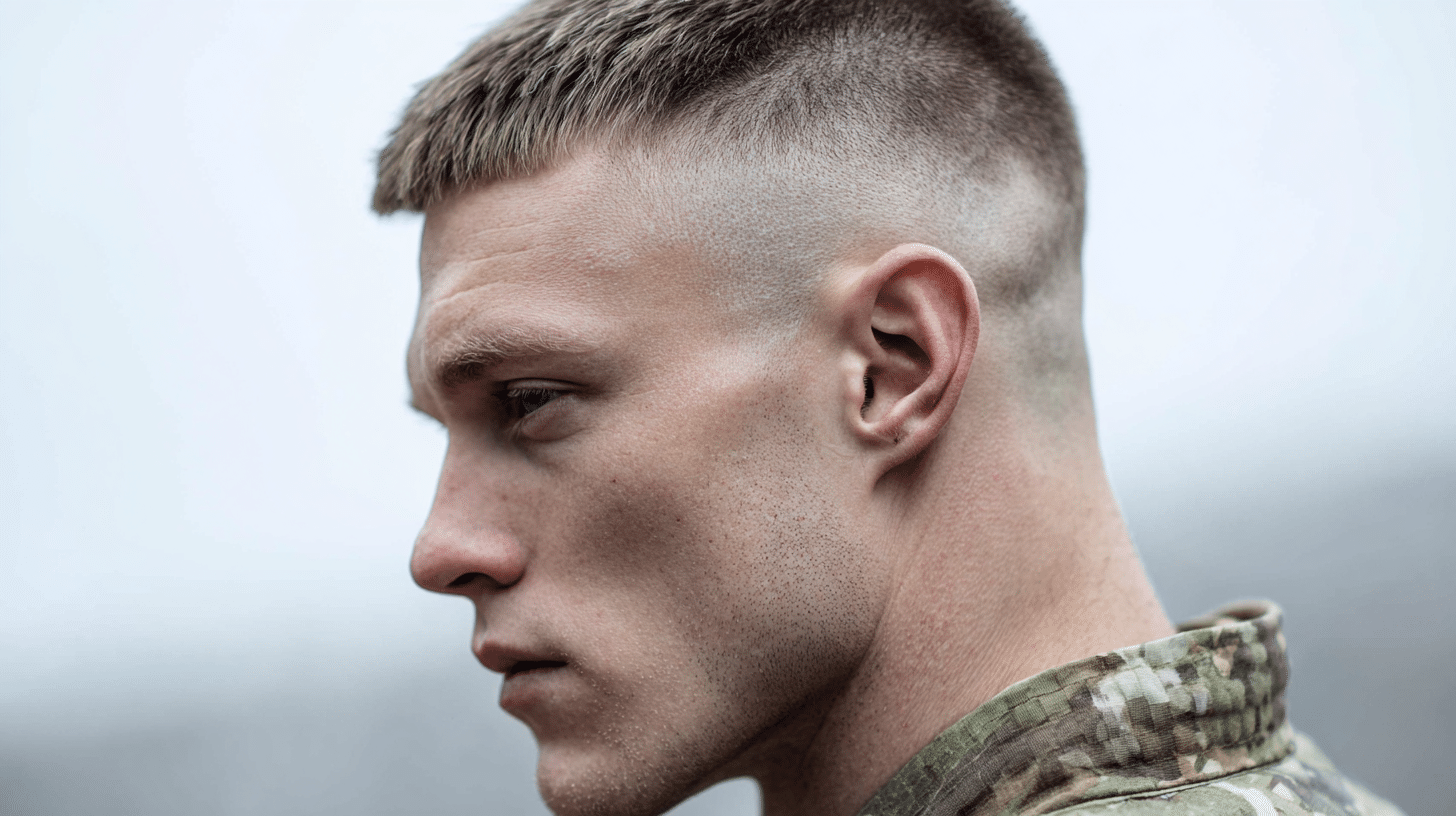 Man with high and tight military haircut and sharp clean fade sides