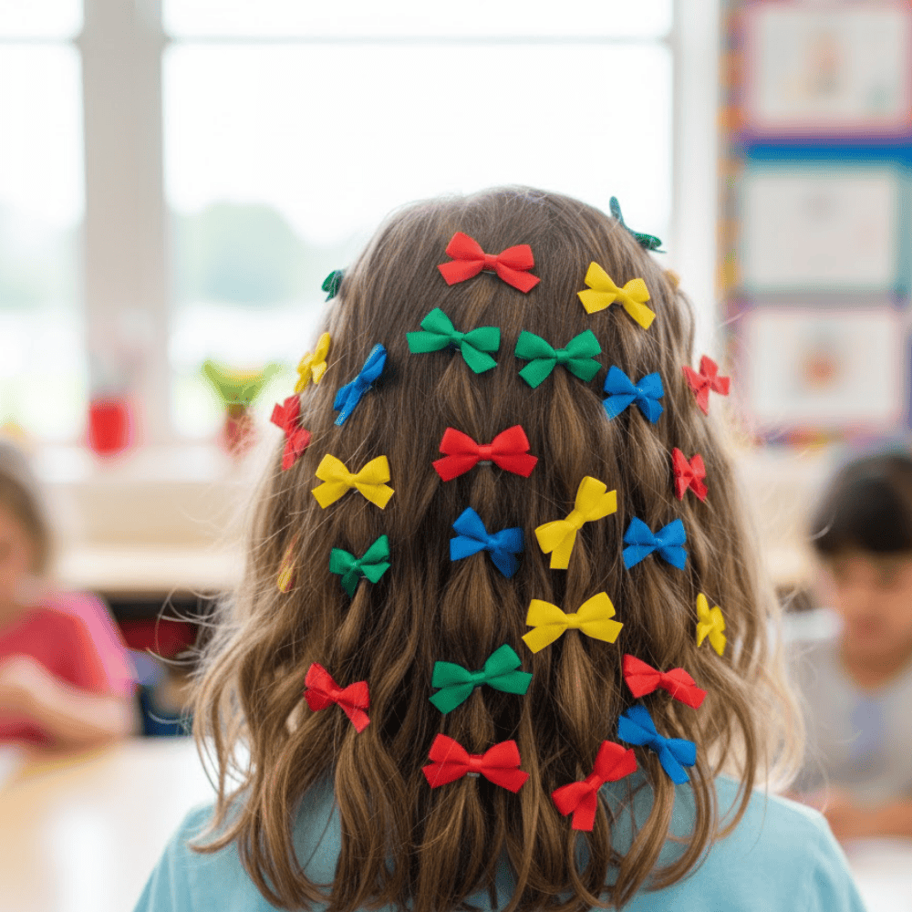 Back view of a girl with loose hair decorated with many small colorful bow clips in a classroom setting.