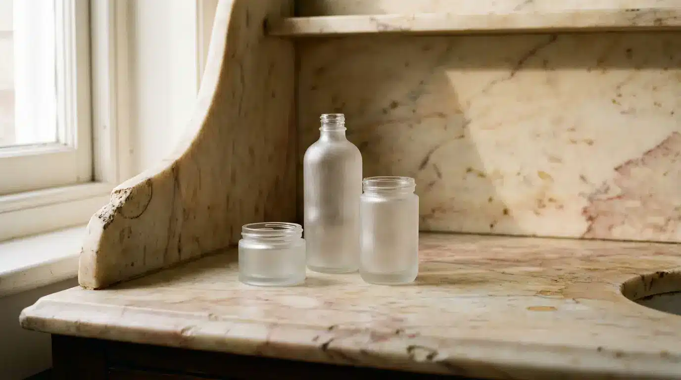 Frosted glass bottles on marble counter near window in soft natural light