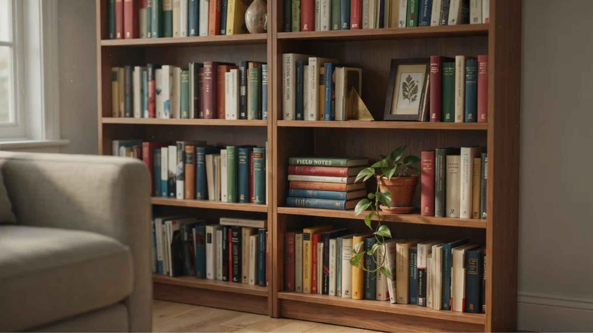 Books mixed upright and stacked flat for rhythm on a shelf