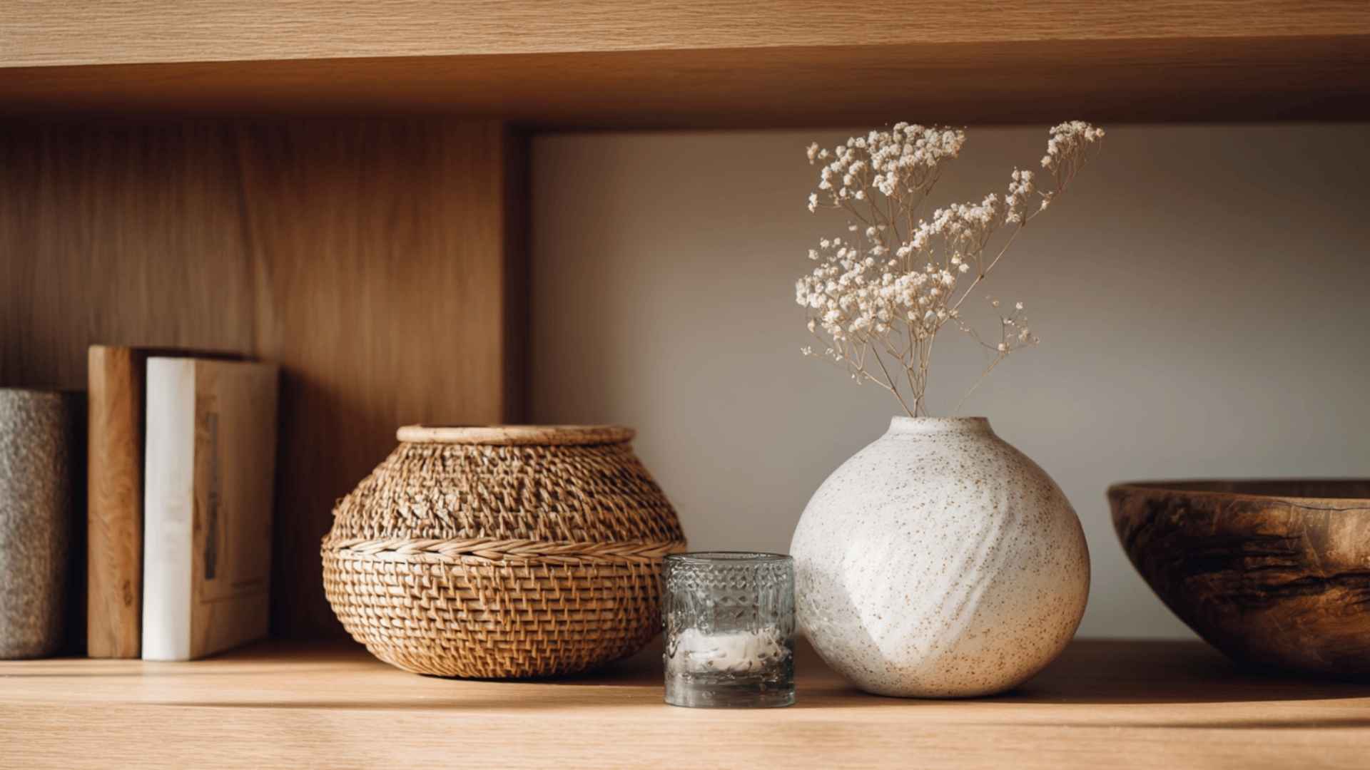 Bookshelf mixing ceramic, wood, glass, and woven textures for visual depth