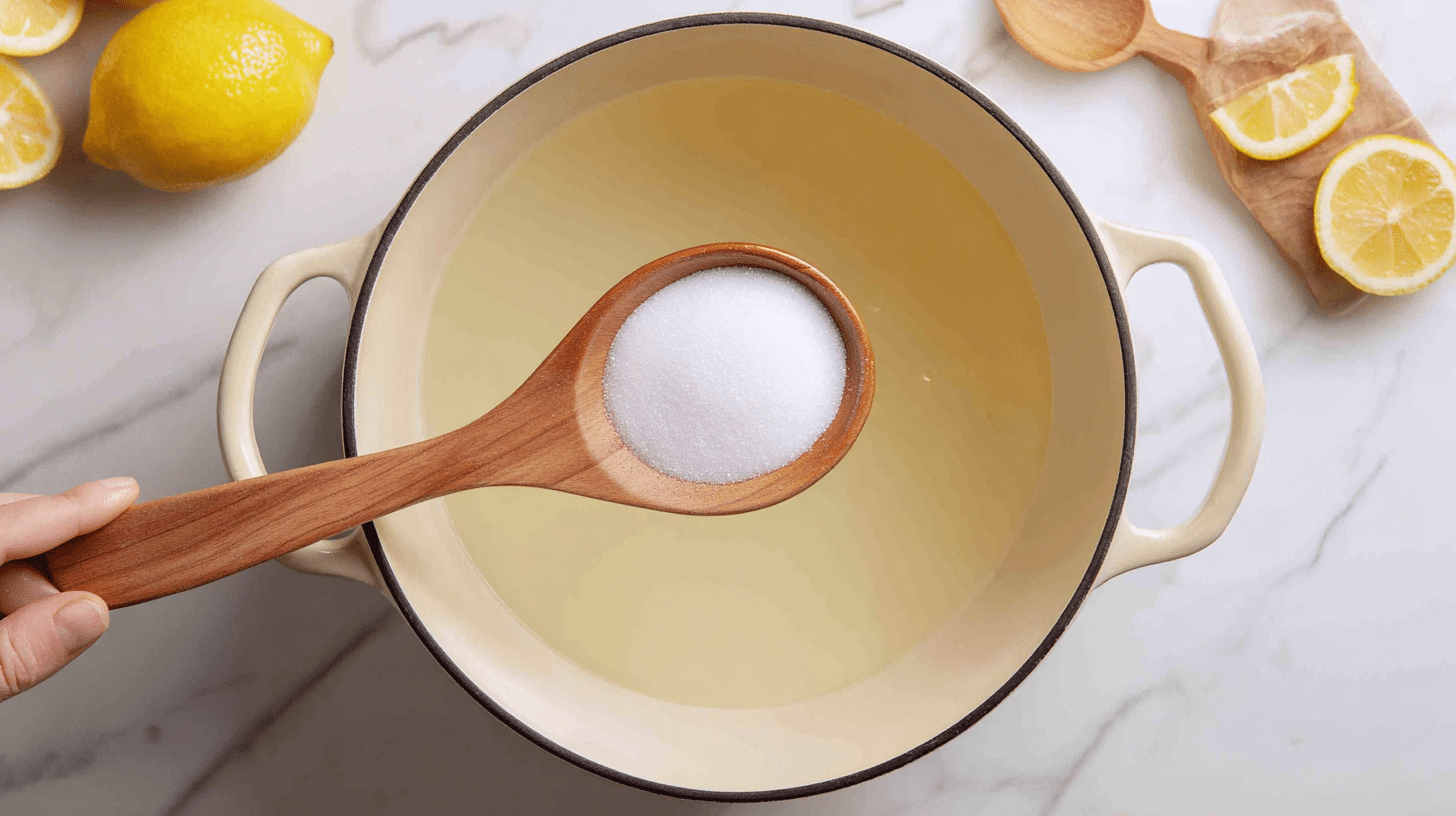 Sugar, lemon juice, and water combined in pot before cooking sugar wax