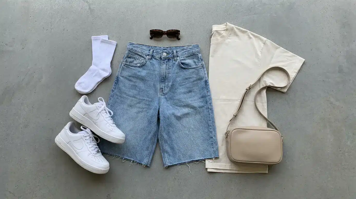 Modern baggy denim jorts styled with casual summer accessories