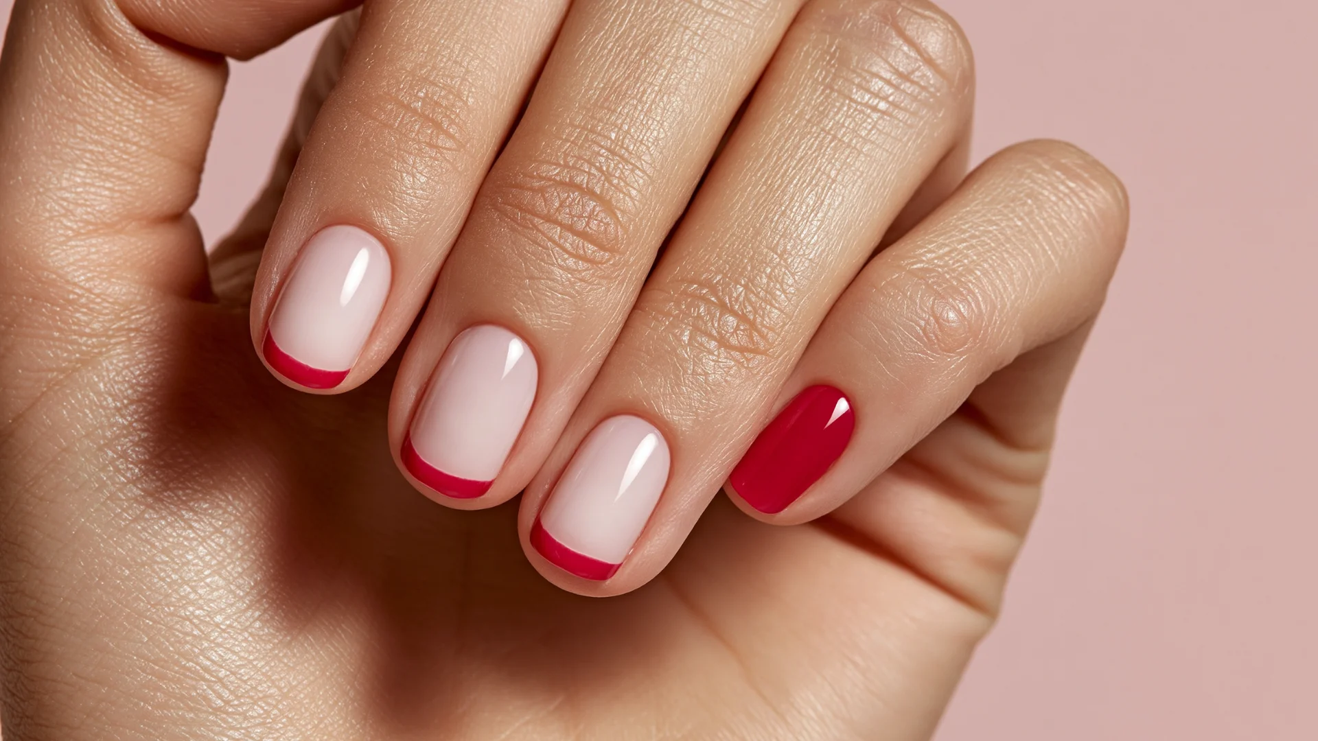 Hand showcasing a chic French tip manicure with glossy pale nails and vibrant red accents on rounded nail shapes