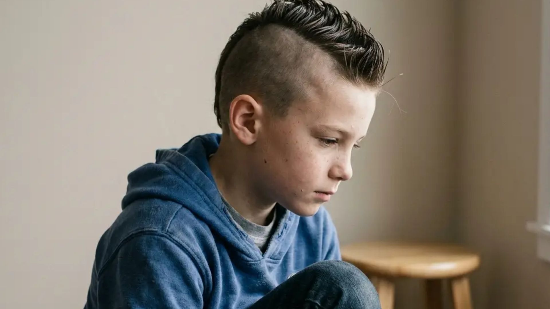 Modern mohawk hairstyle featuring shaved sides and a tall spiked strip of hair on top in a clean indoor portrait setting.