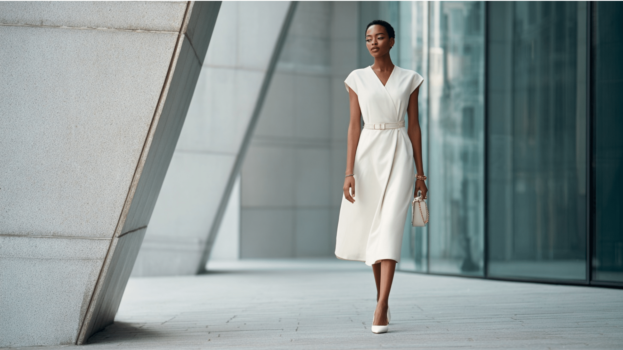 Woman in a modern sleek tea-length dress featuring clean lines, a minimalist silhouette, and a mid-calf hem.