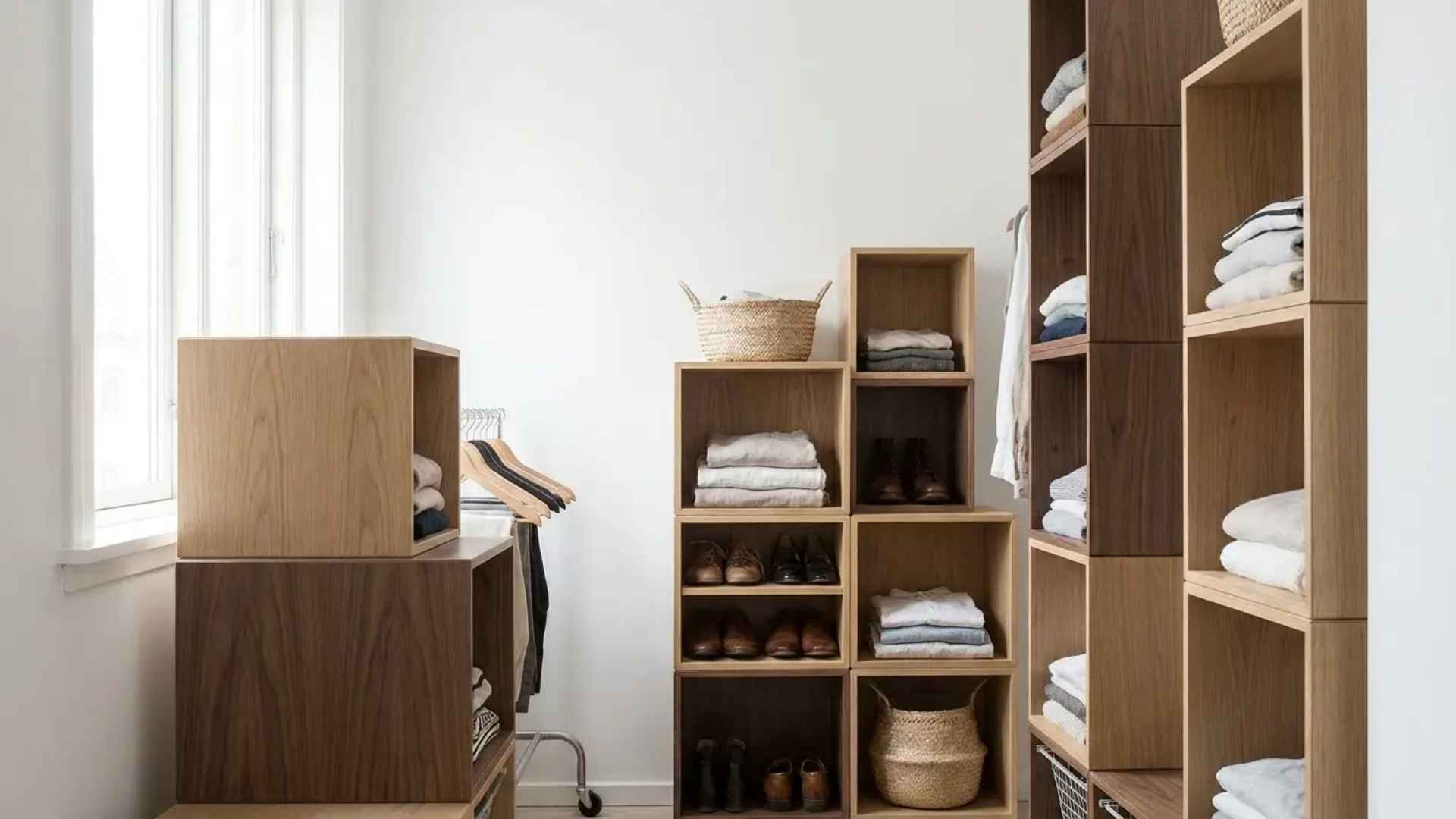 Stacked modular cube shelves arranged inside a closet for flexible storage options