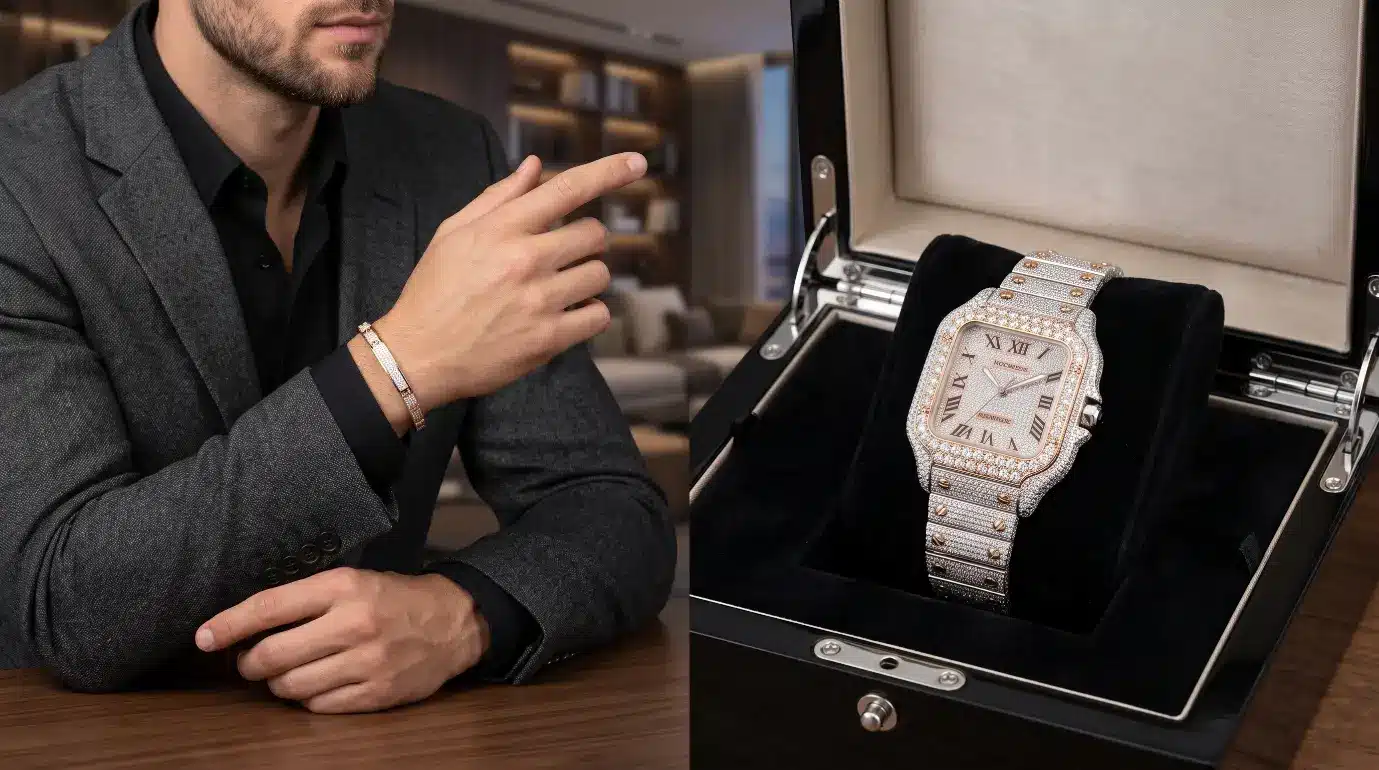Man in gray suit pointing with luxury watch in display box on wooden table