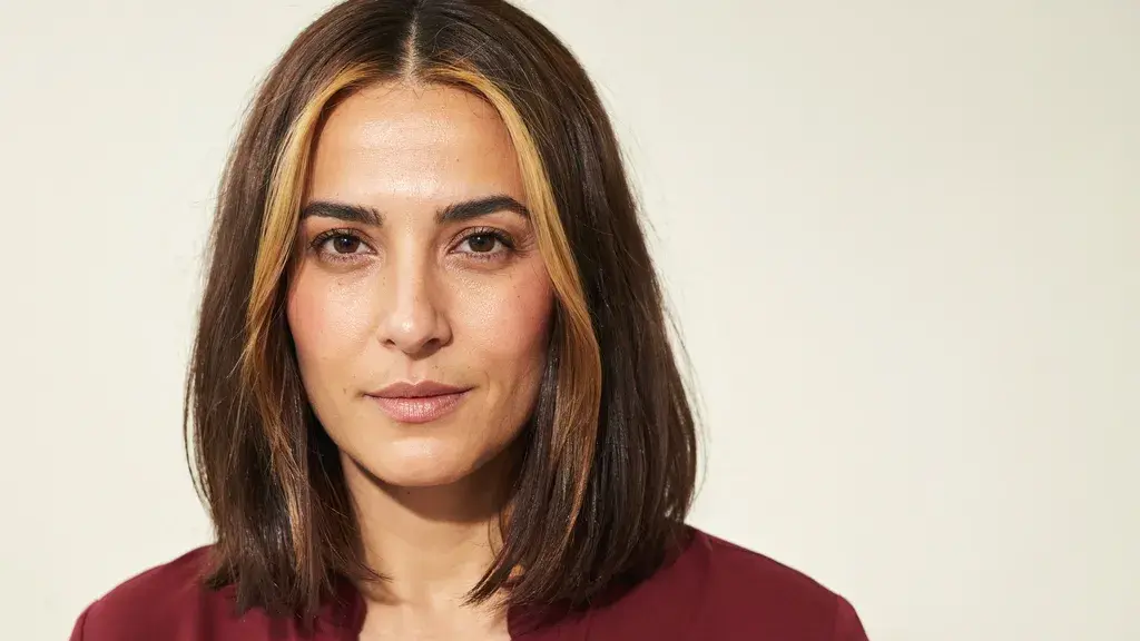 Medium length dark brown hair with blonde money piece highlights framing the face in a sleek layered bob style