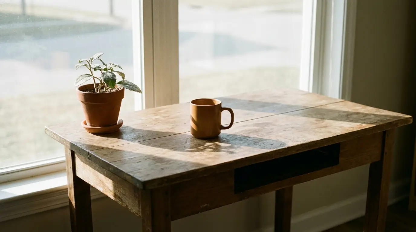 Potted plant and coffee mug on wooden table by sunlit window