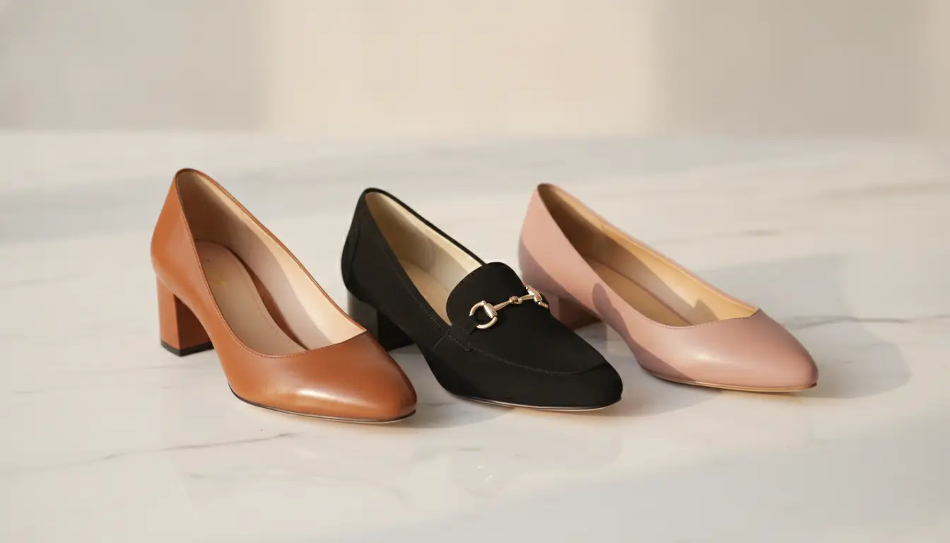 Three pairs of women’s shoes in tan, black, and pink on white marble surface