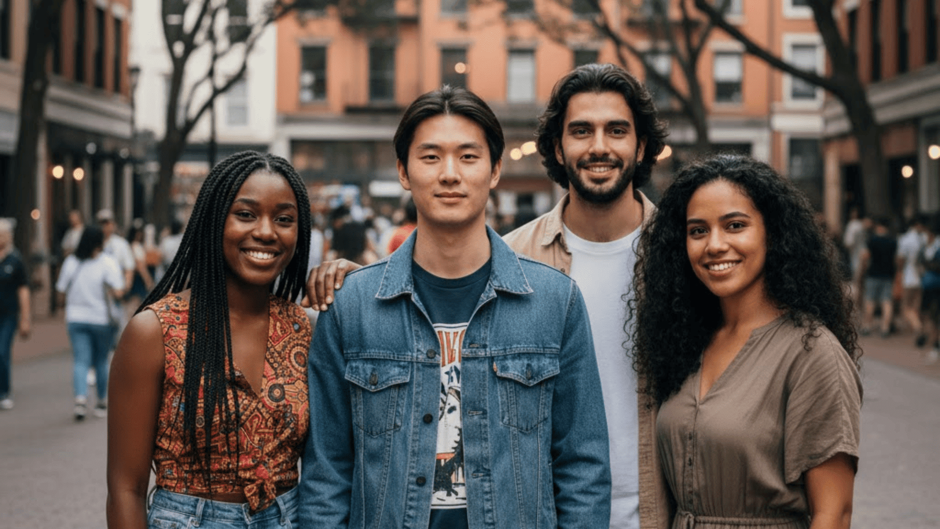 Group of perse friends smiling together outdoors in an urban setting