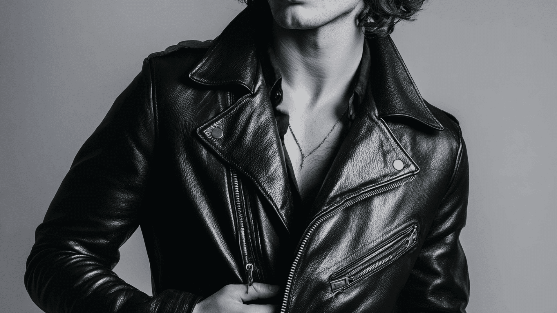 Black moto jacket with asymmetric zipper and bold motorcycle inspired design
