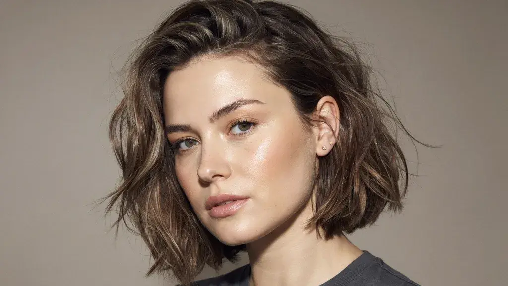 Short wavy brunette hair with subtle highlights styled in a textured bob cut with natural volume and soft layered movement
