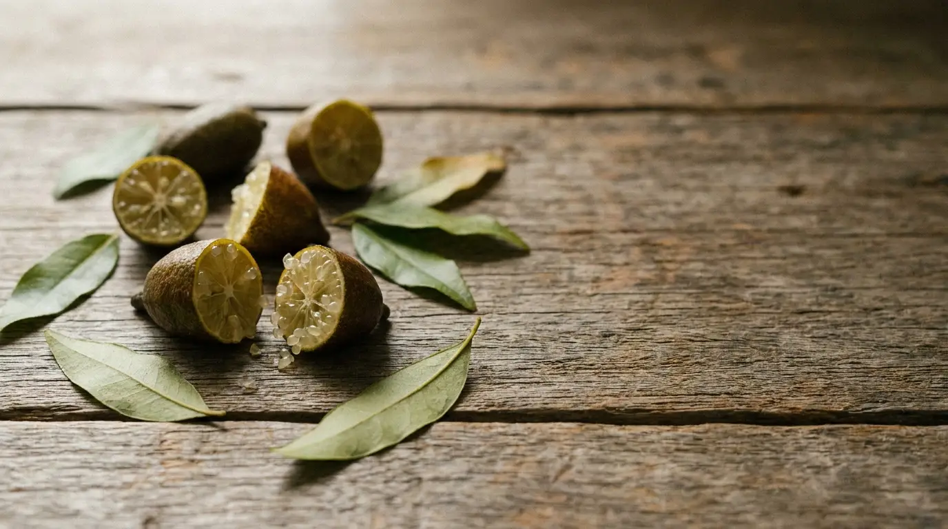 Sliced lemons and bay leaves scattered on rustic wooden surface