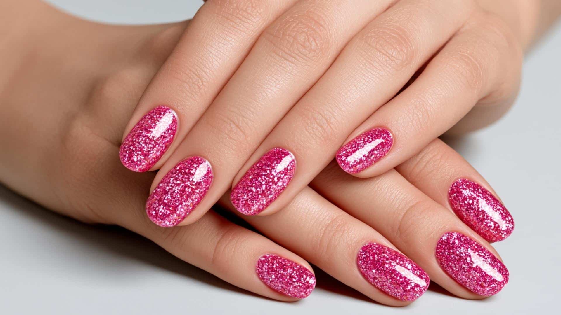Full coverage sparkly neon hot pink glitter manicure on oval shaped nails.
