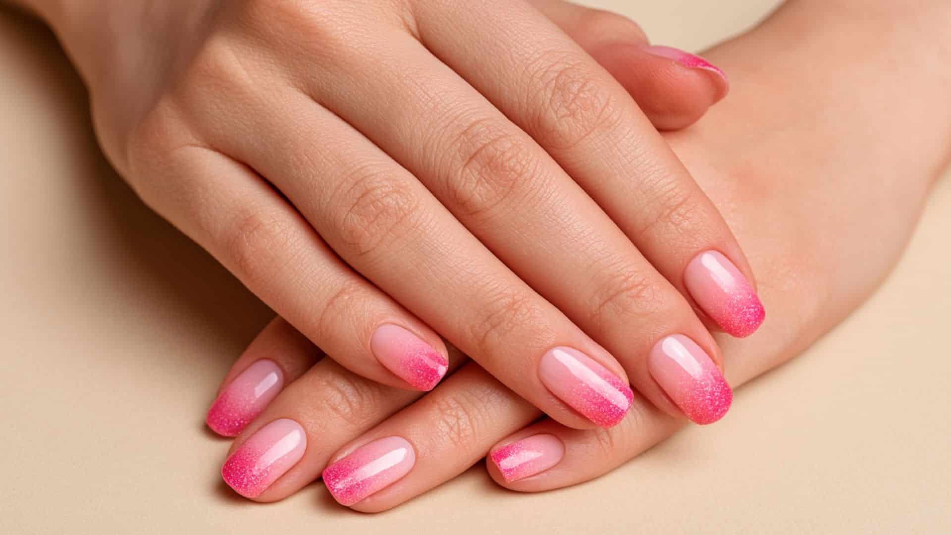 Nude to neon pink glitter ombre manicure on natural length nails.