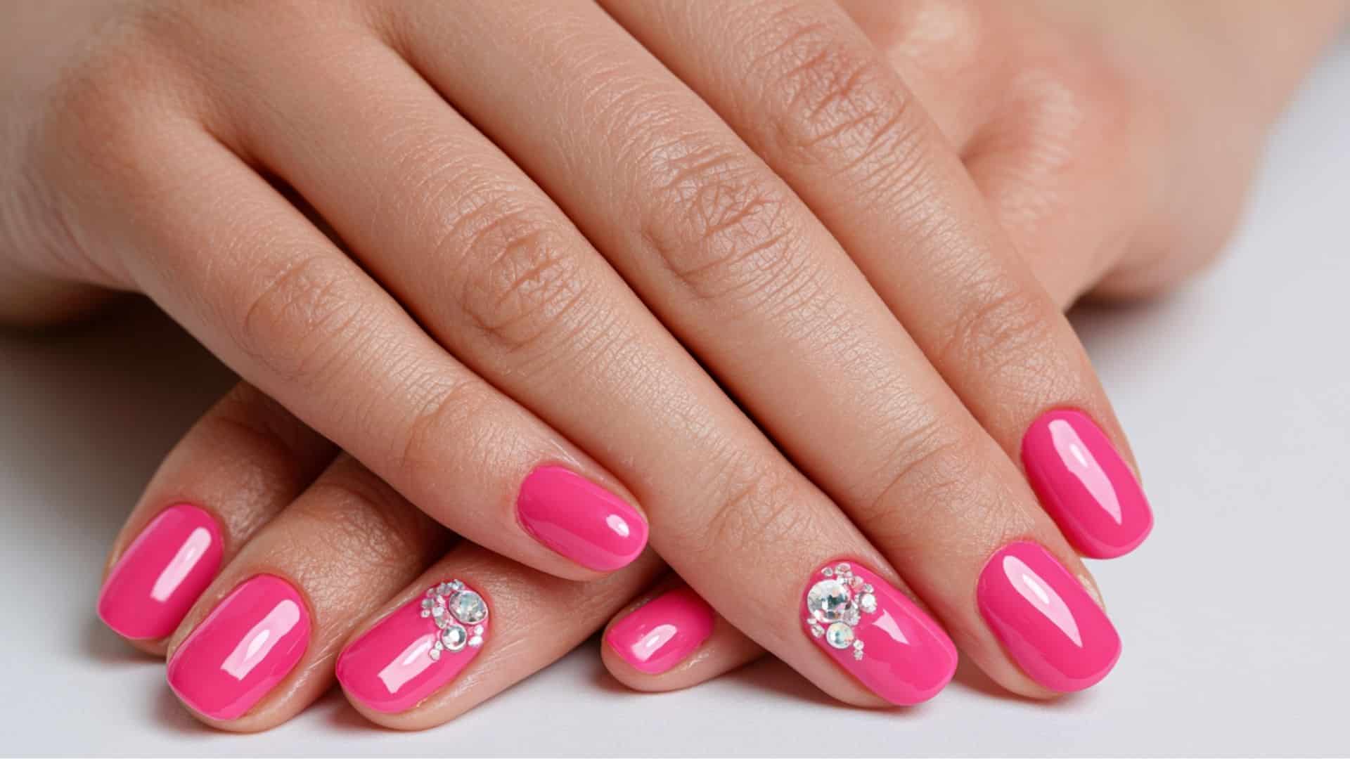 Glossy hot pink nails with clustered rhinestone accents on two fingers.