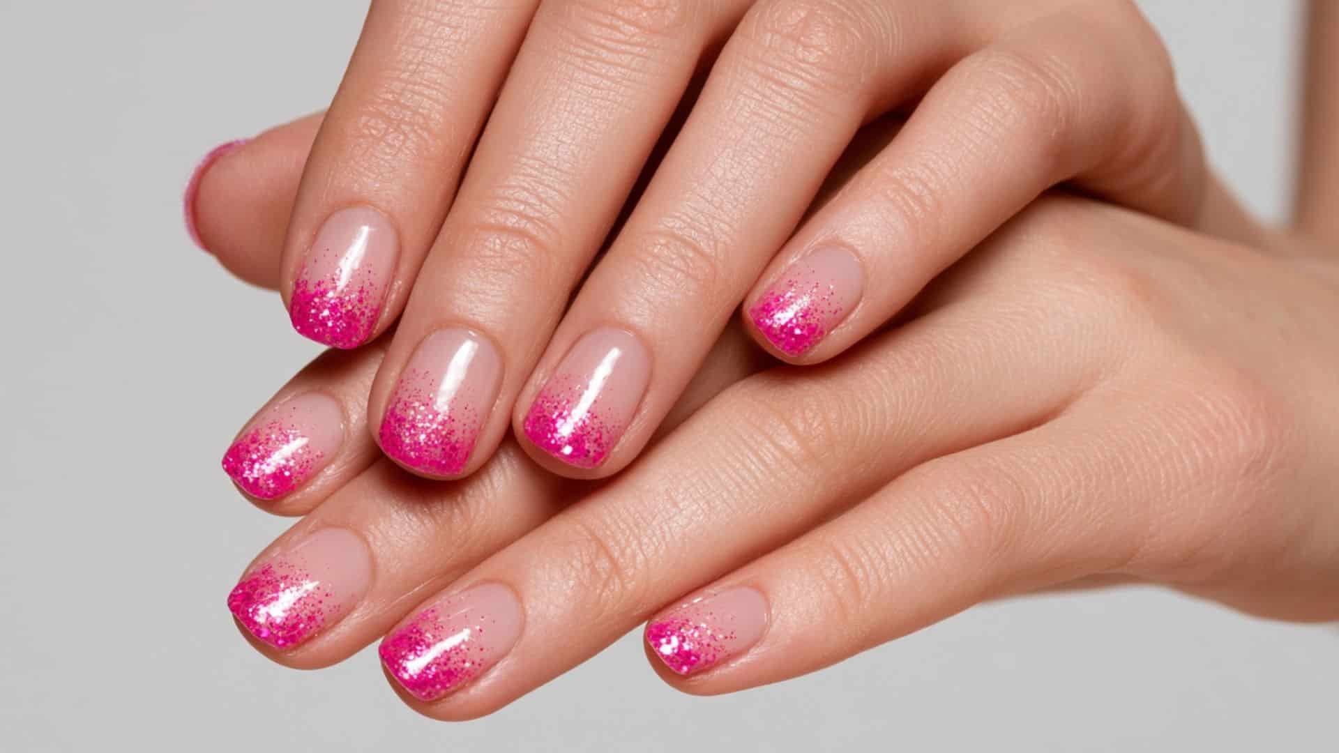 Sheer nude nails with neon pink glitter ombre tips fading upward.