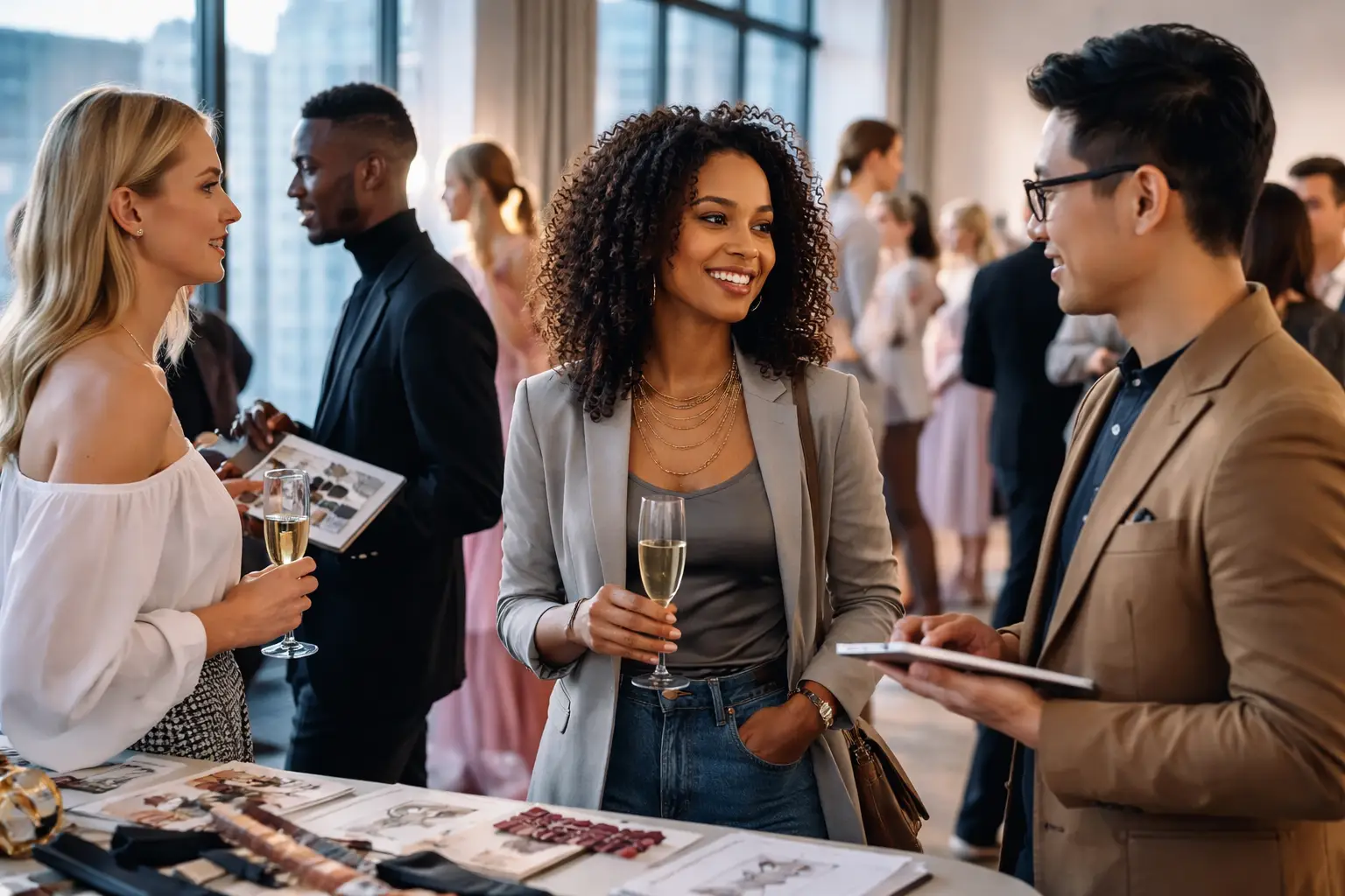 People networking at a business event, holding drinks and discussing in a well-lit venue