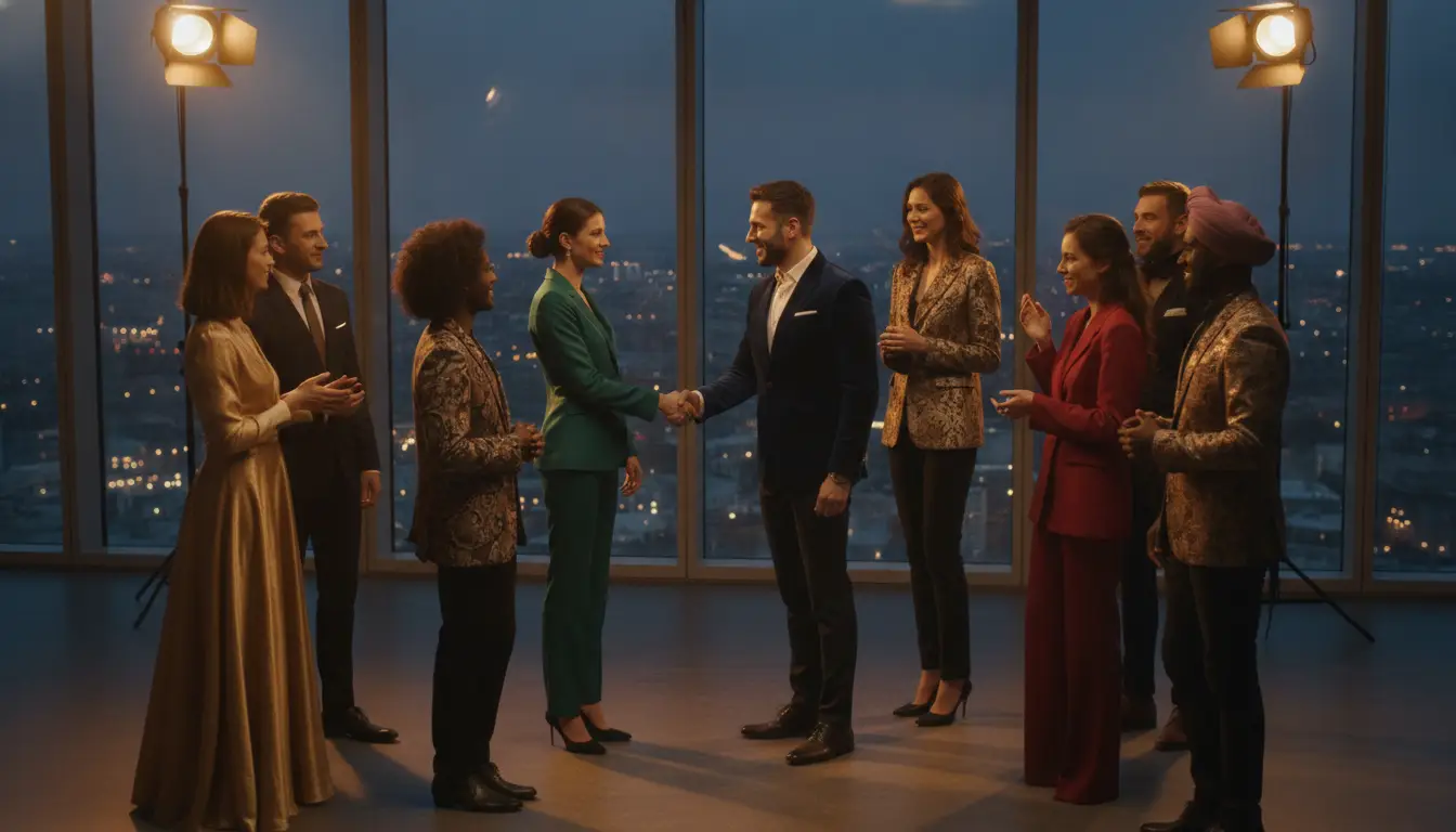 Group of business people in formal attire, shaking hands in high-rise office during evening event