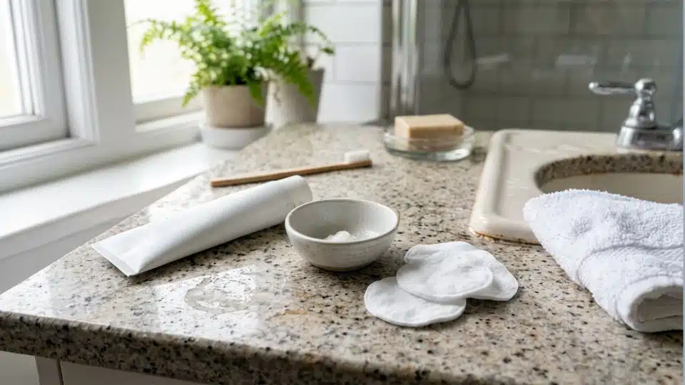 White toothpaste, toothbrush, and cotton pad for removing hair dye stains.