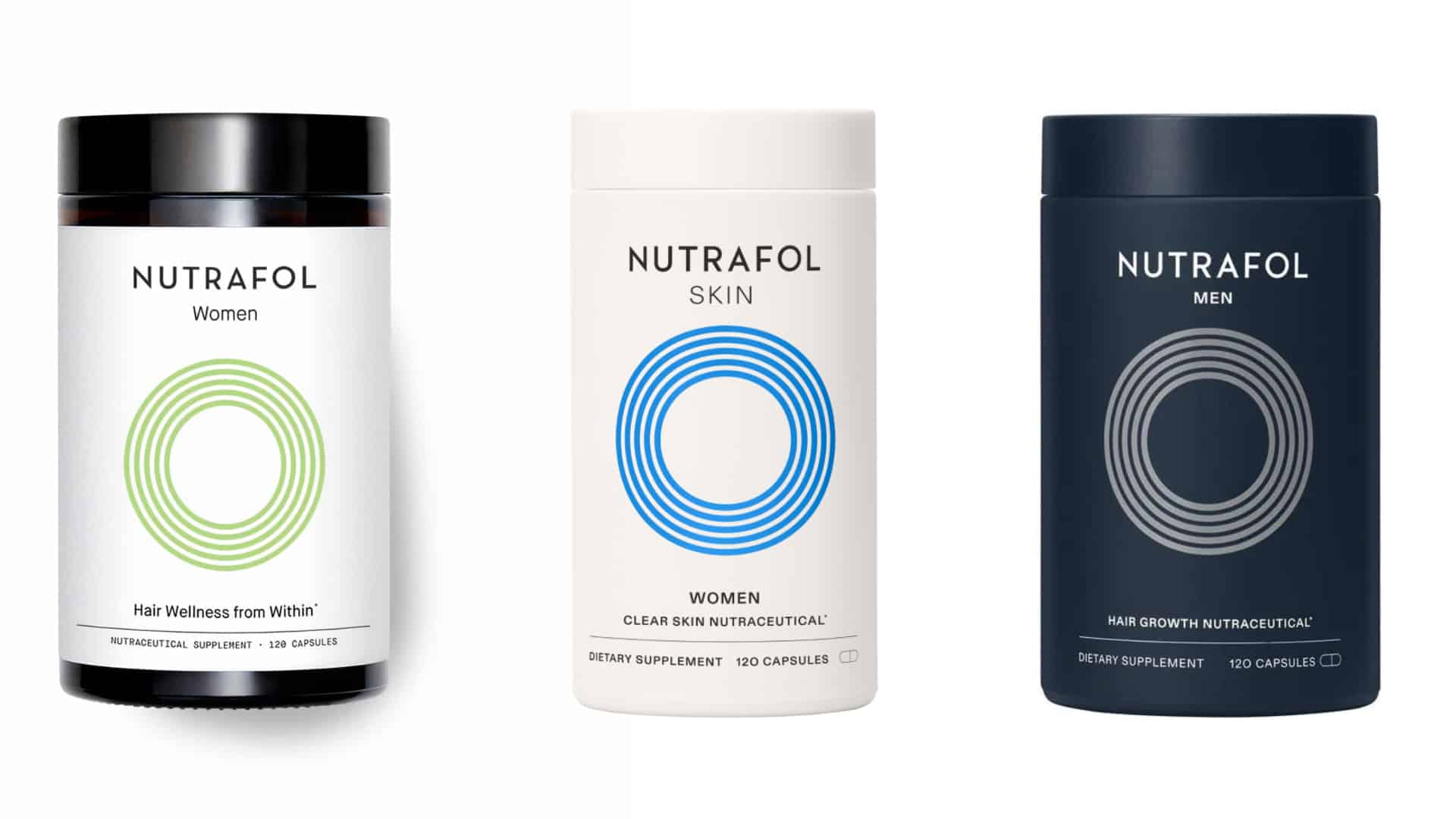 Three Nutrafol supplement bottles for women, skin, and men displayed on a light background with modern retail package design