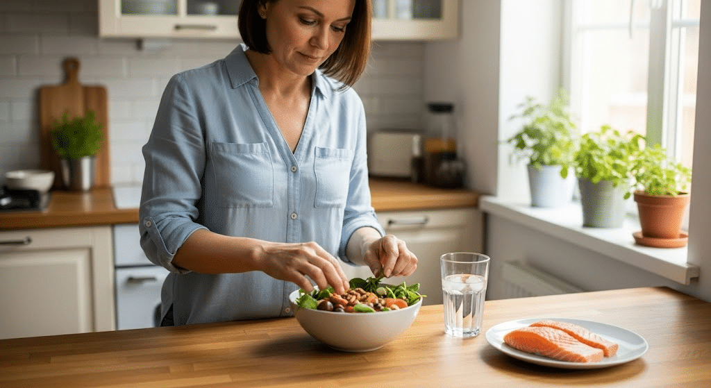 Woman preparing a healthy meal in the kitchen as part of a balanced lifestyle to support youthful aging and wellness