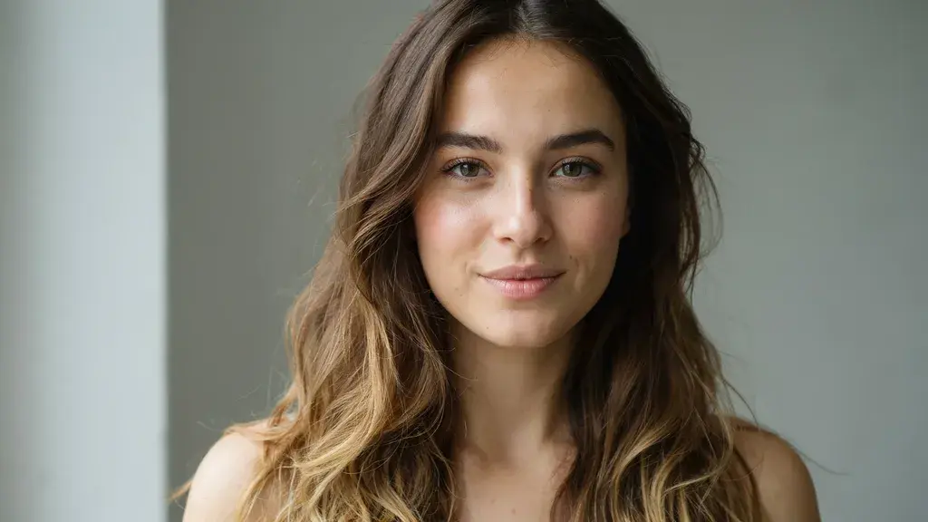 Close-up portrait of a woman with long wavy brown hair, dark roots fading into light blonde ombré highlighted ends.