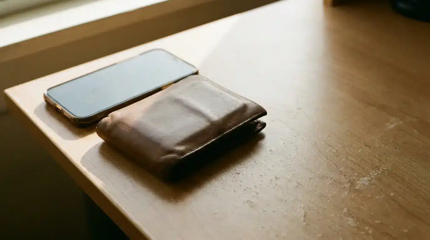 Brown leather wallet and smartphone on wooden desk in natural light