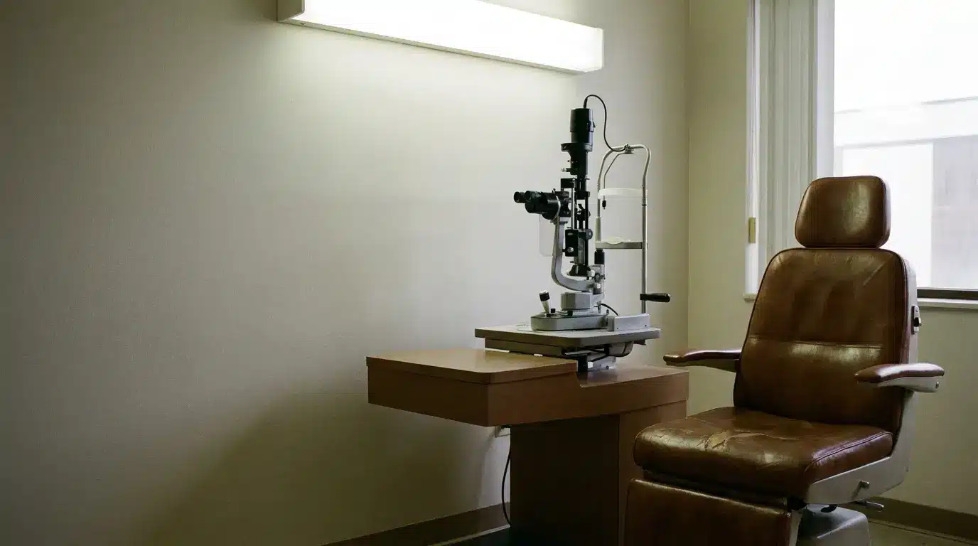 Optometry exam chair and slit lamp equipment in a well-lit examination room