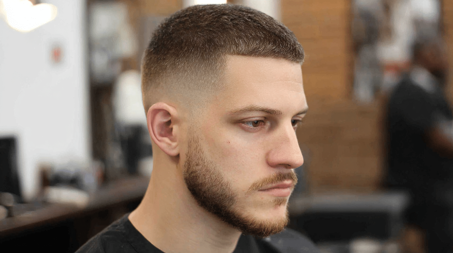 Man with a classic buzz fade haircut featuring balanced proportions and clean sides.
