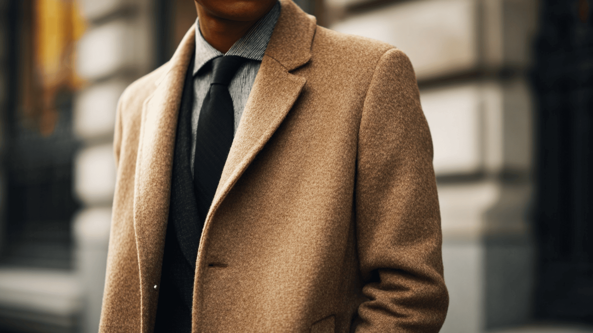 Long wool overcoat with clean tailored silhouette for formal winter outfits