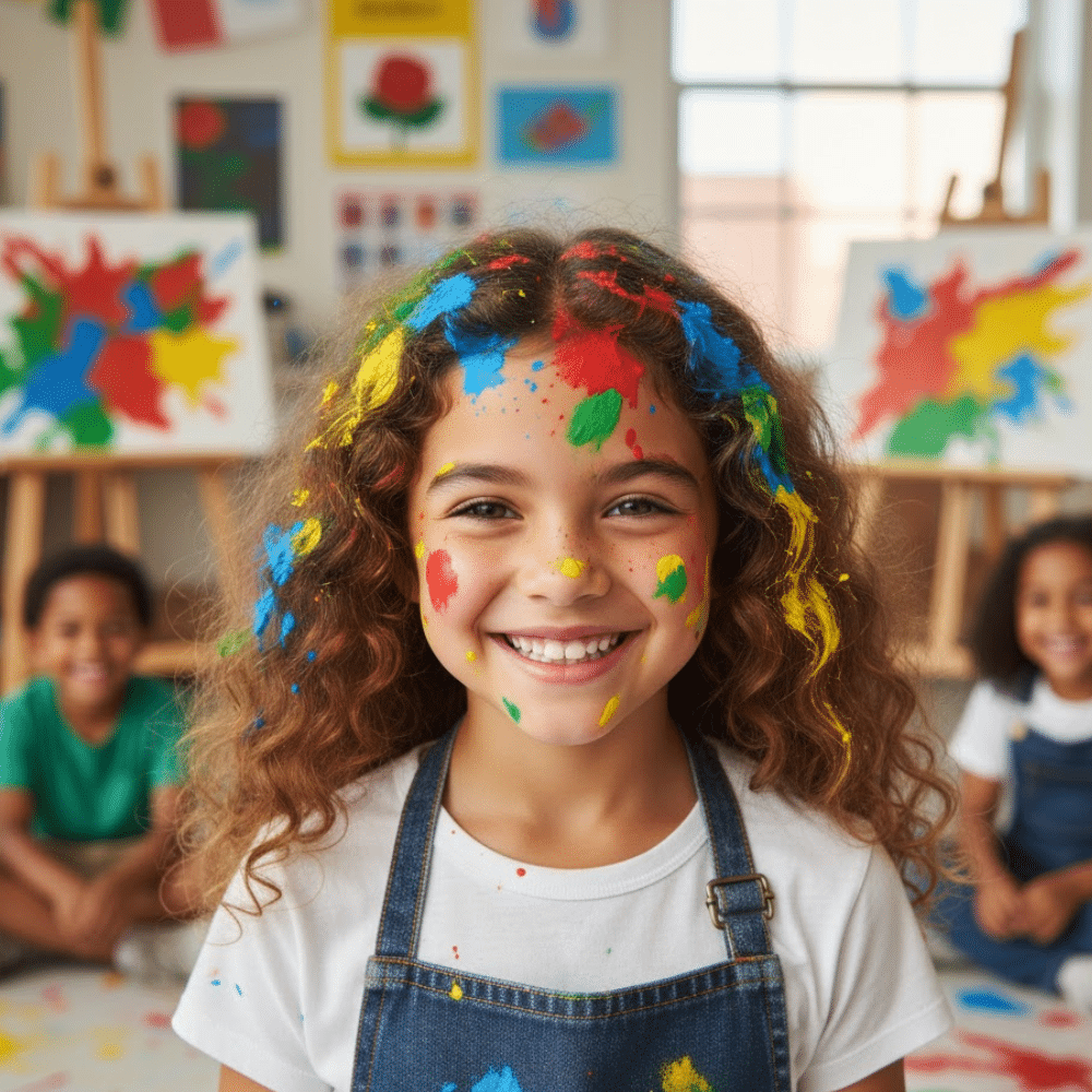Girl with colorful paint splatter hair design creating a bright artistic crazy hair day look.