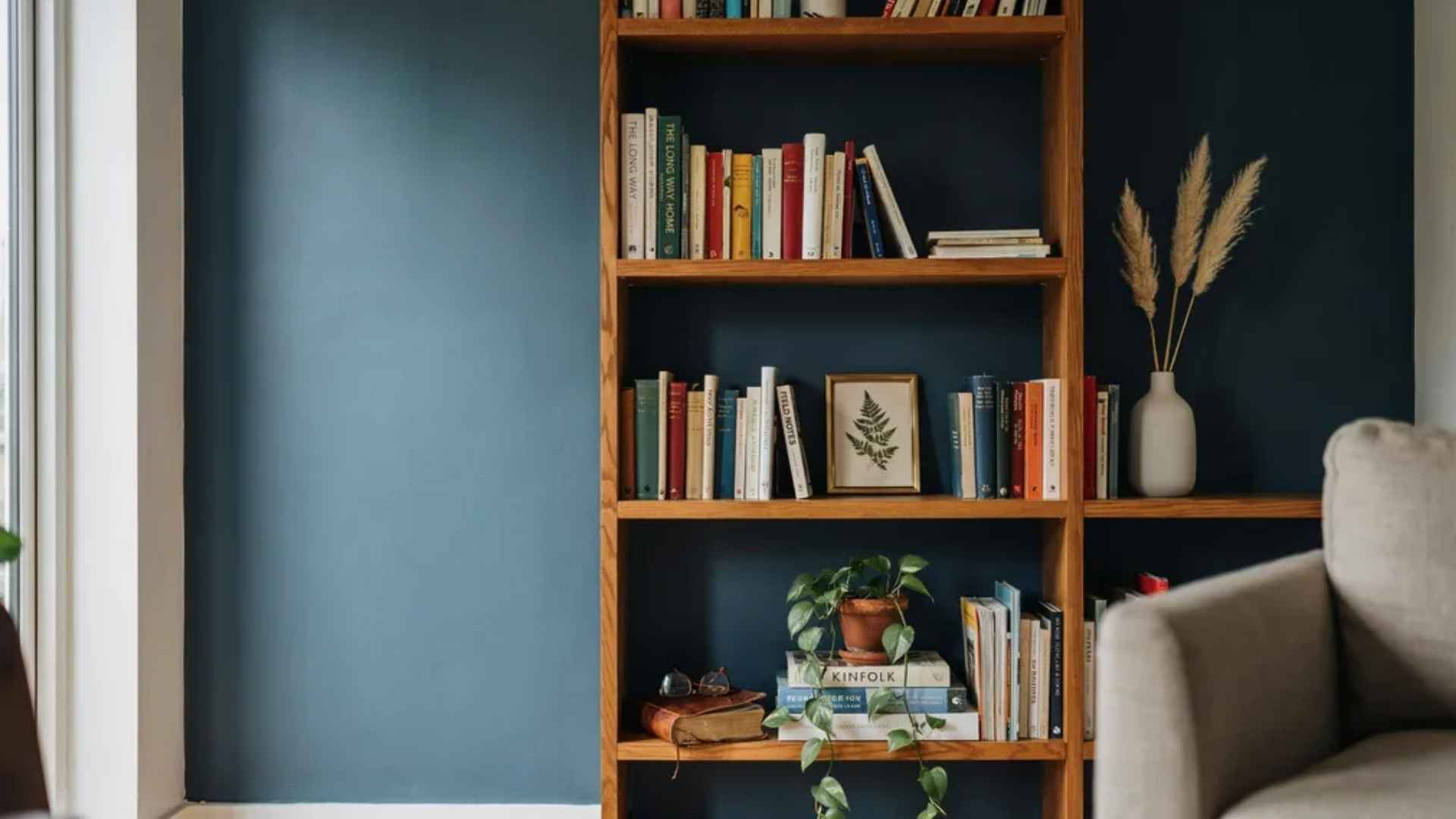 Navy painted bookshelf back panel adding contrast behind books and decor