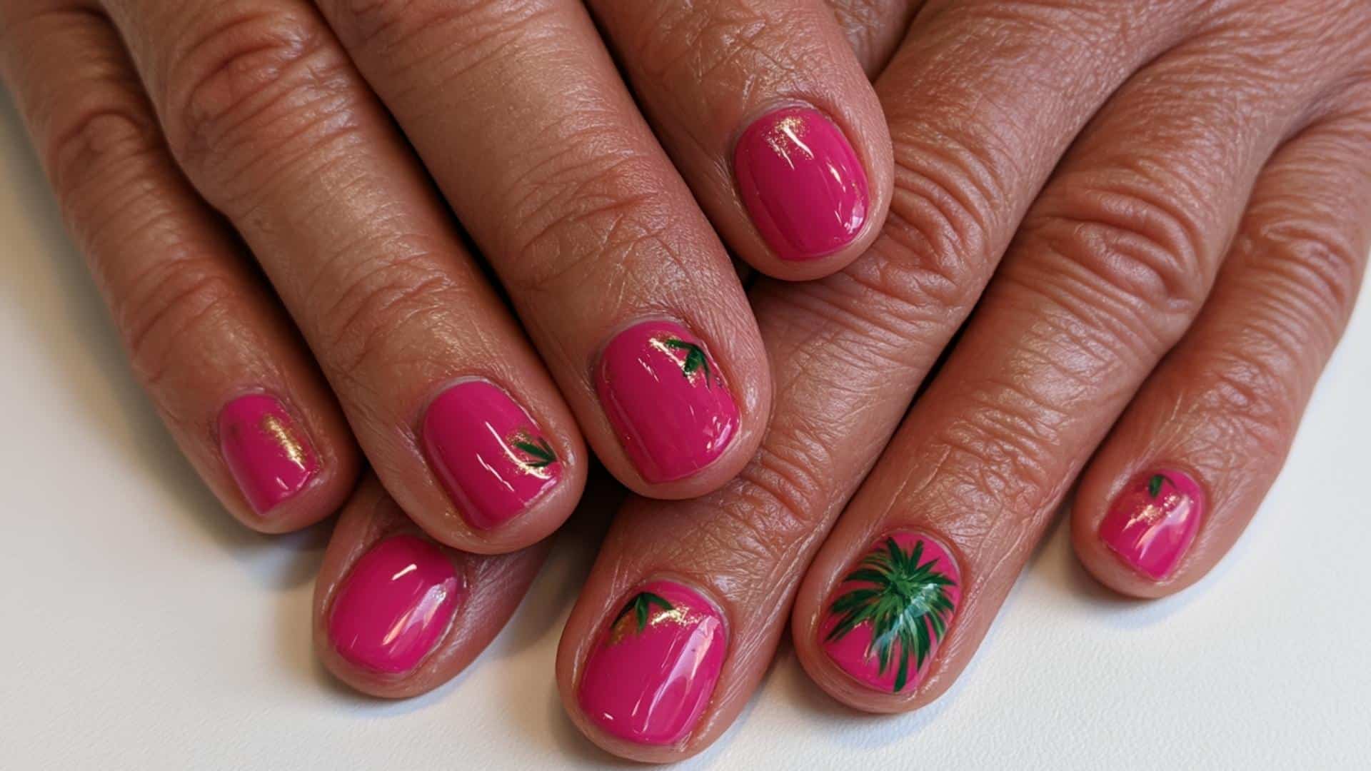 Hot Pink nails with hand painted palm tree on one fingure and leaves on other .