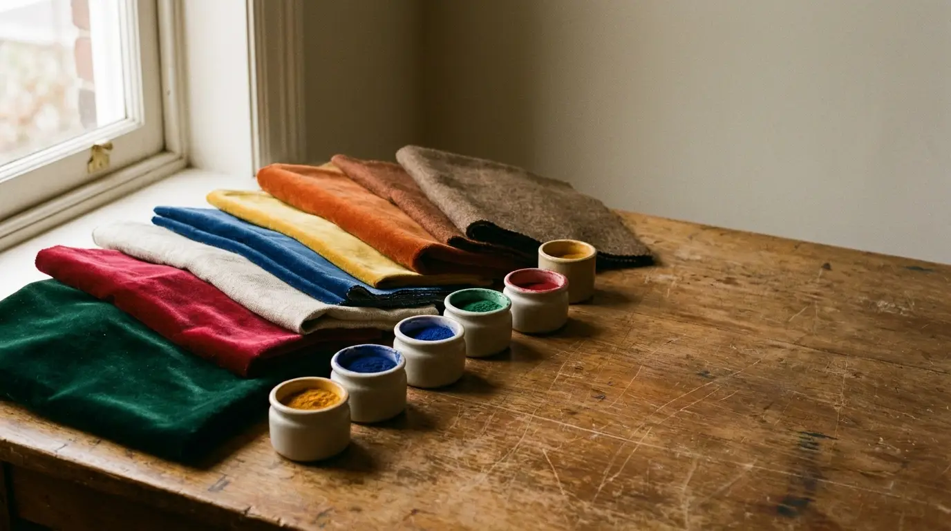 Colorful fabric and paint jars on wooden table near window in natural light