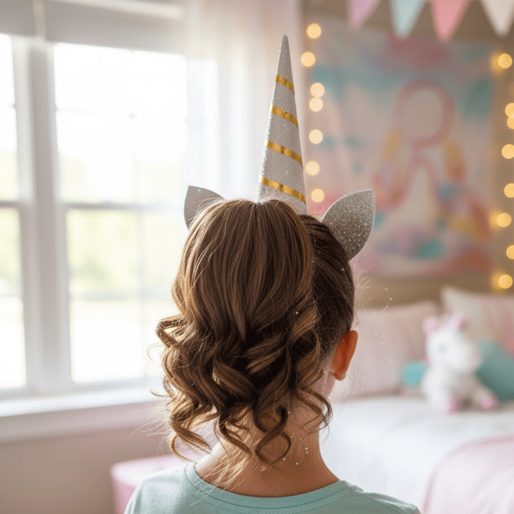 Child with a ponytail styled into a unicorn horn made from cardboard, set in a decorated room background.