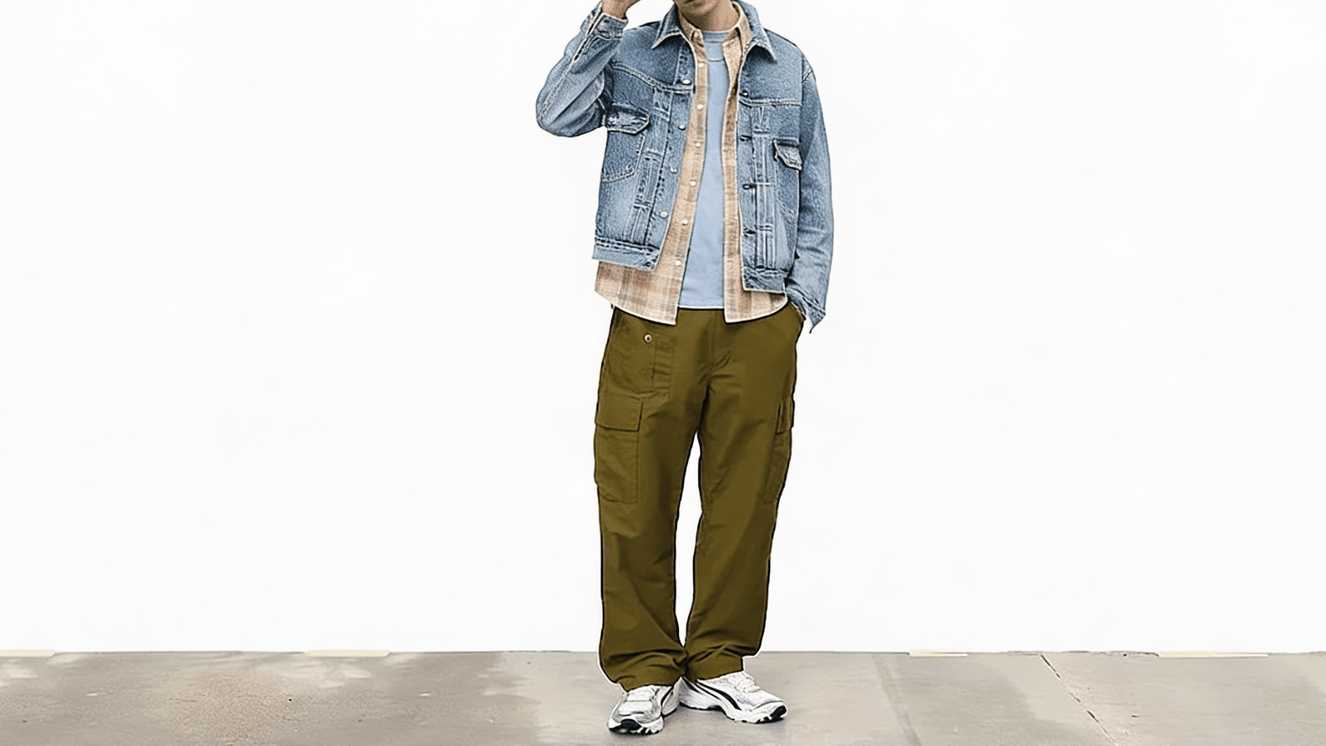 Parachute cargo pants for men paired with denim jacket